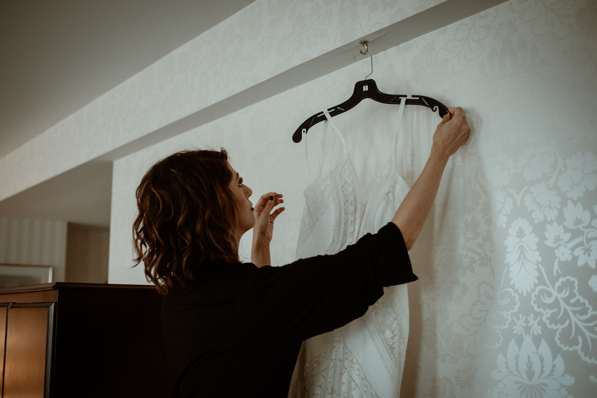 Getting ready at the Landmark Inn in Marquette- Upper Peninsula Elopement.