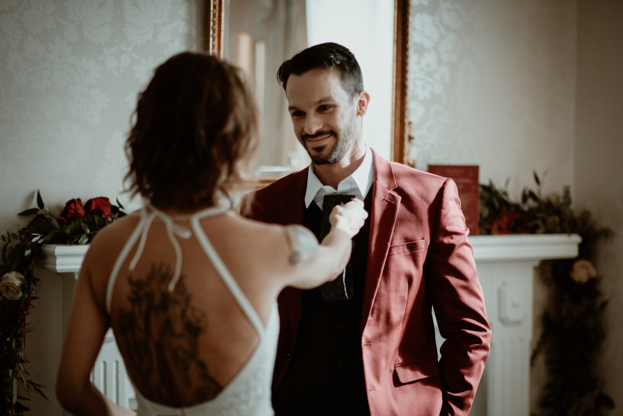 Getting ready at the Landmark Inn in Marquette- Upper Peninsula Elopement.