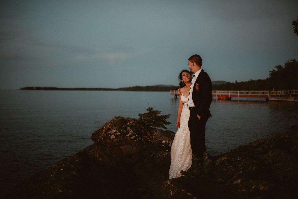 Bride and groom portraits in Copper Harbor, Michigan