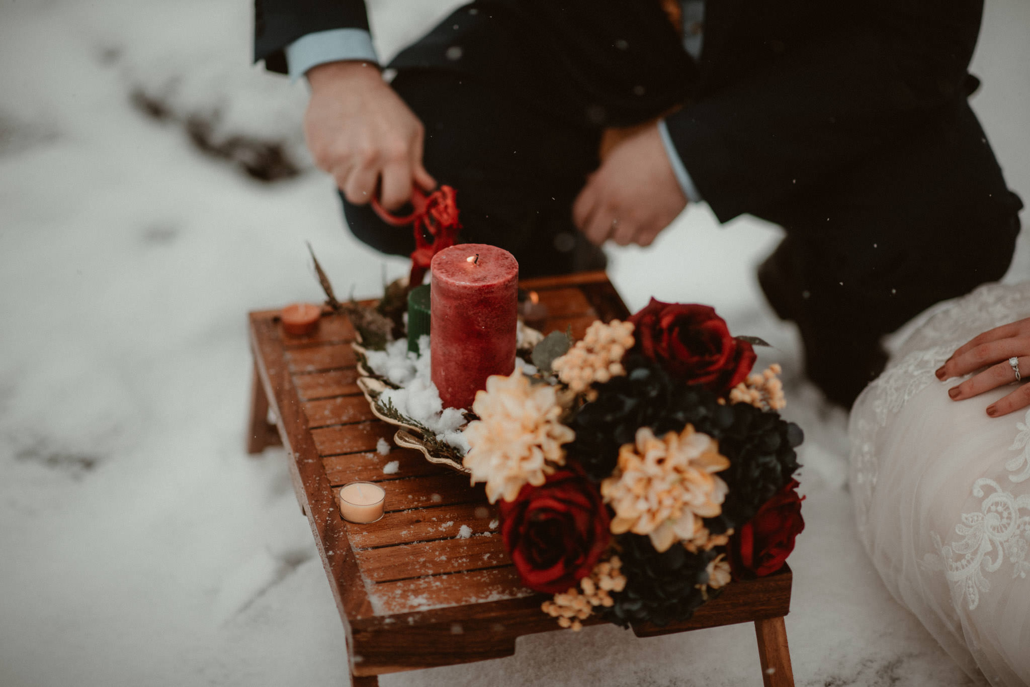 Yule altar setup at winter elopement in Michigan