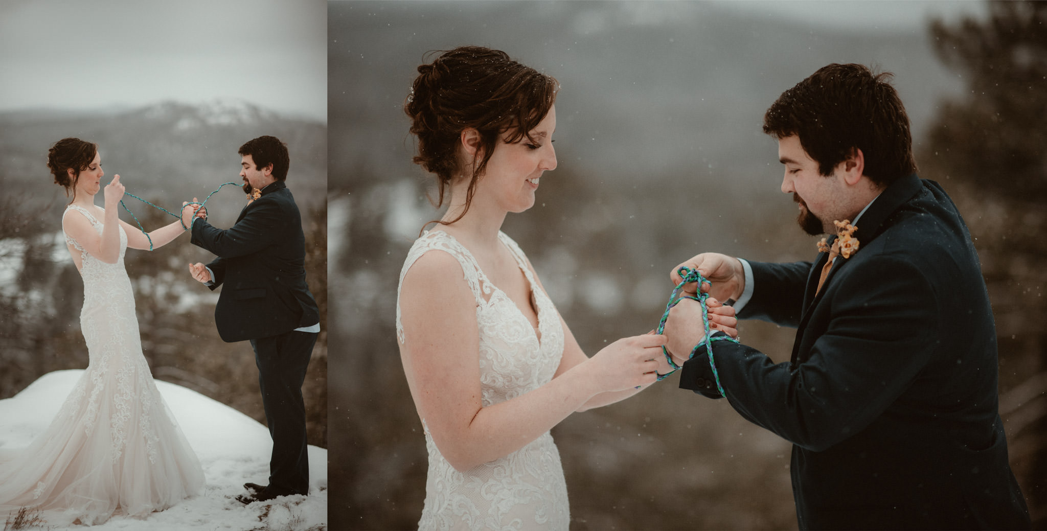 Handfasting ceremony at elopement on Sugarloaf Mountain in Marquette, MI