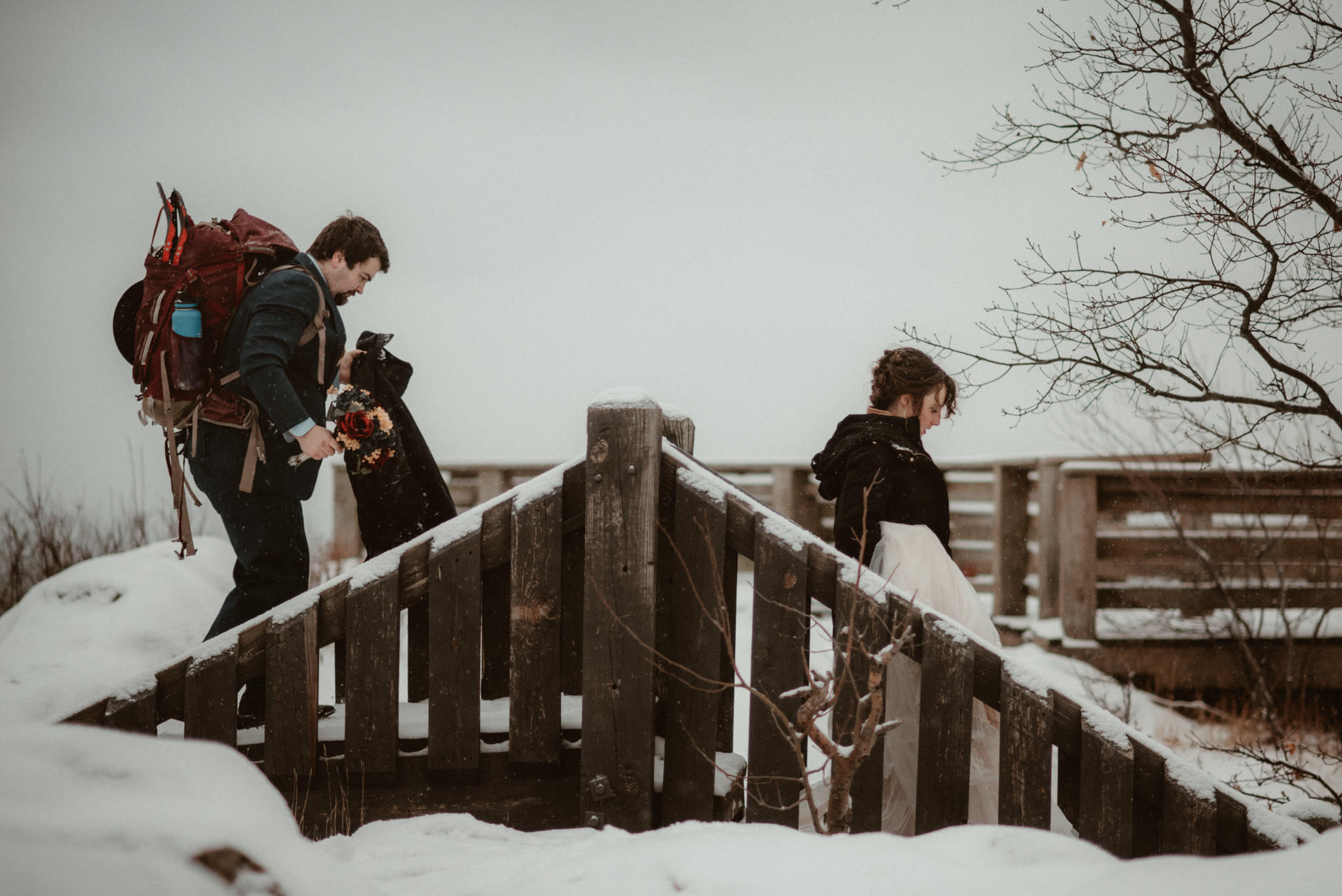 Elopement on Sugarloaf Mounain in Michigan in the snow