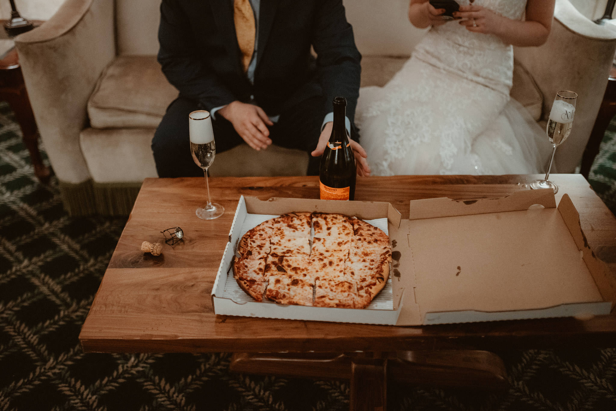 Wine and pizza with the bride and groom at the Landmark Inn